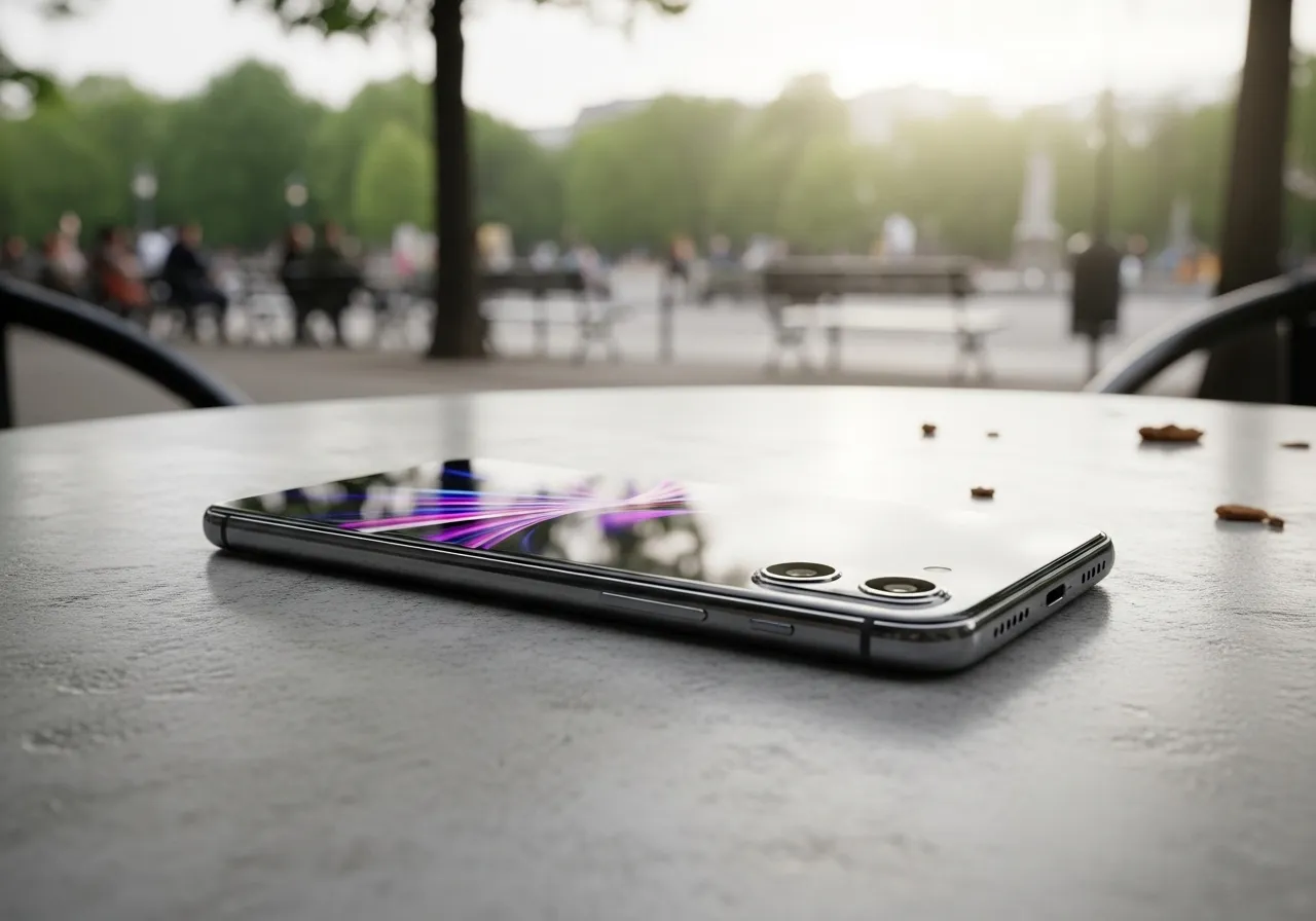 A modern, generic smartphone with no visible brand logos rests on an outdoor table. Its screen is on but the content is blurred.