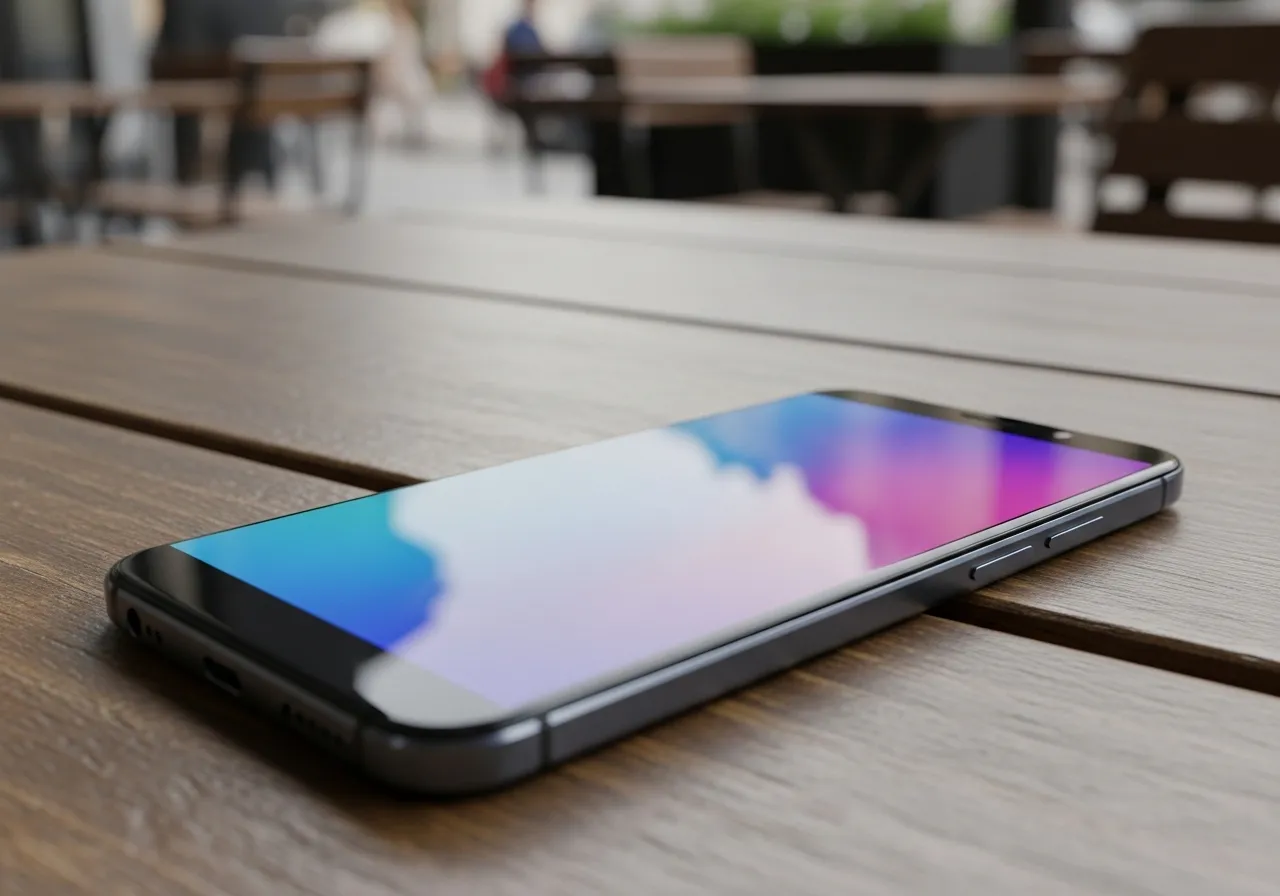 A medium shot of a generic, unbranded smartphone lying on an outdoor table under overcast light. The phone's screen is illuminated but the user interf