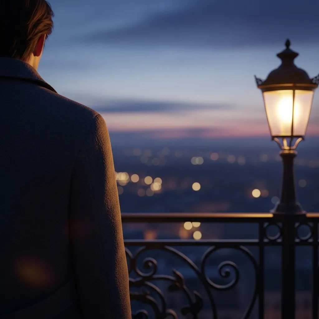 Detail view of the back of a single person as they look out at a view, illuminated by the soft glow of a lamp in the evening.