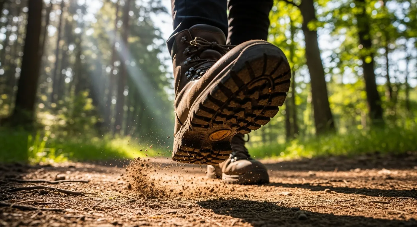 A low-angle, ground-level view of a person's feet in hiking boots as they walk along a dirt path in a sunny forest.