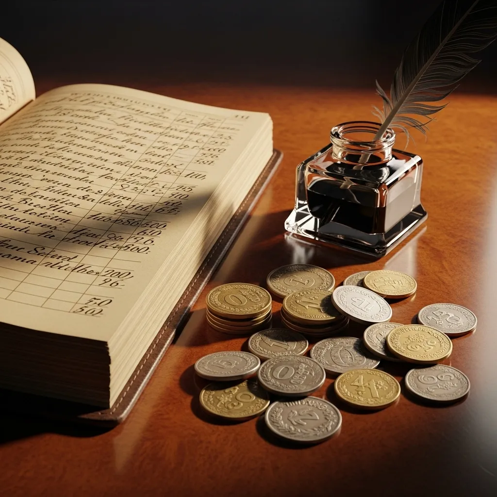 A close-up, top-down view of a historical ledger on a wooden desk, with several old coins, an inkwell, and a quill pen resting beside it, lit by warm 