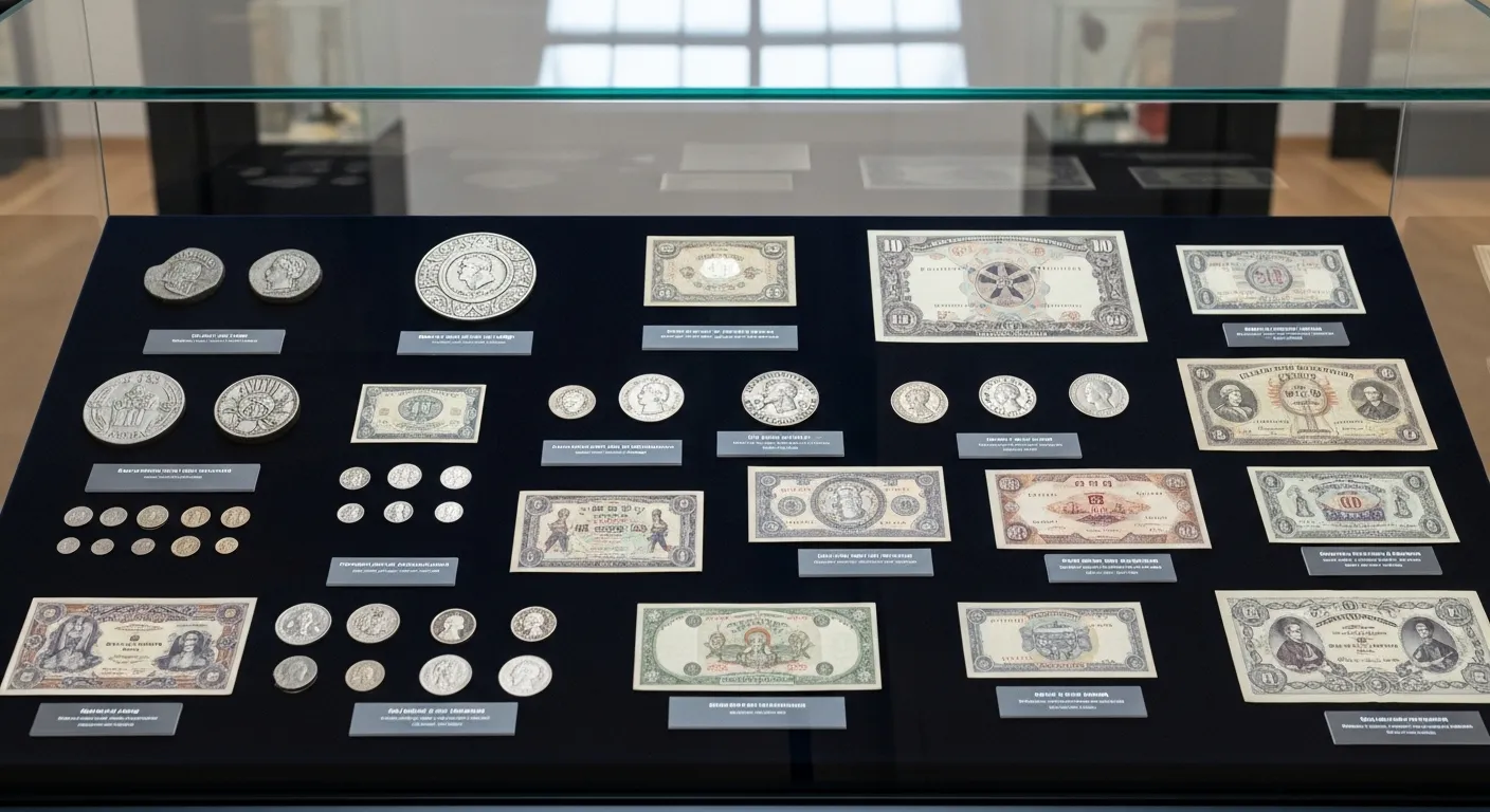 A wide, brightly lit shot of a museum display case filled with a neatly arranged collection of historical coins and paper currency from around the wor