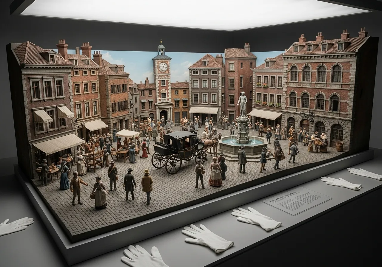 Wide view of a period street or public square appropriate to unspecified, tied to , with period-accurate details and no modern signage.