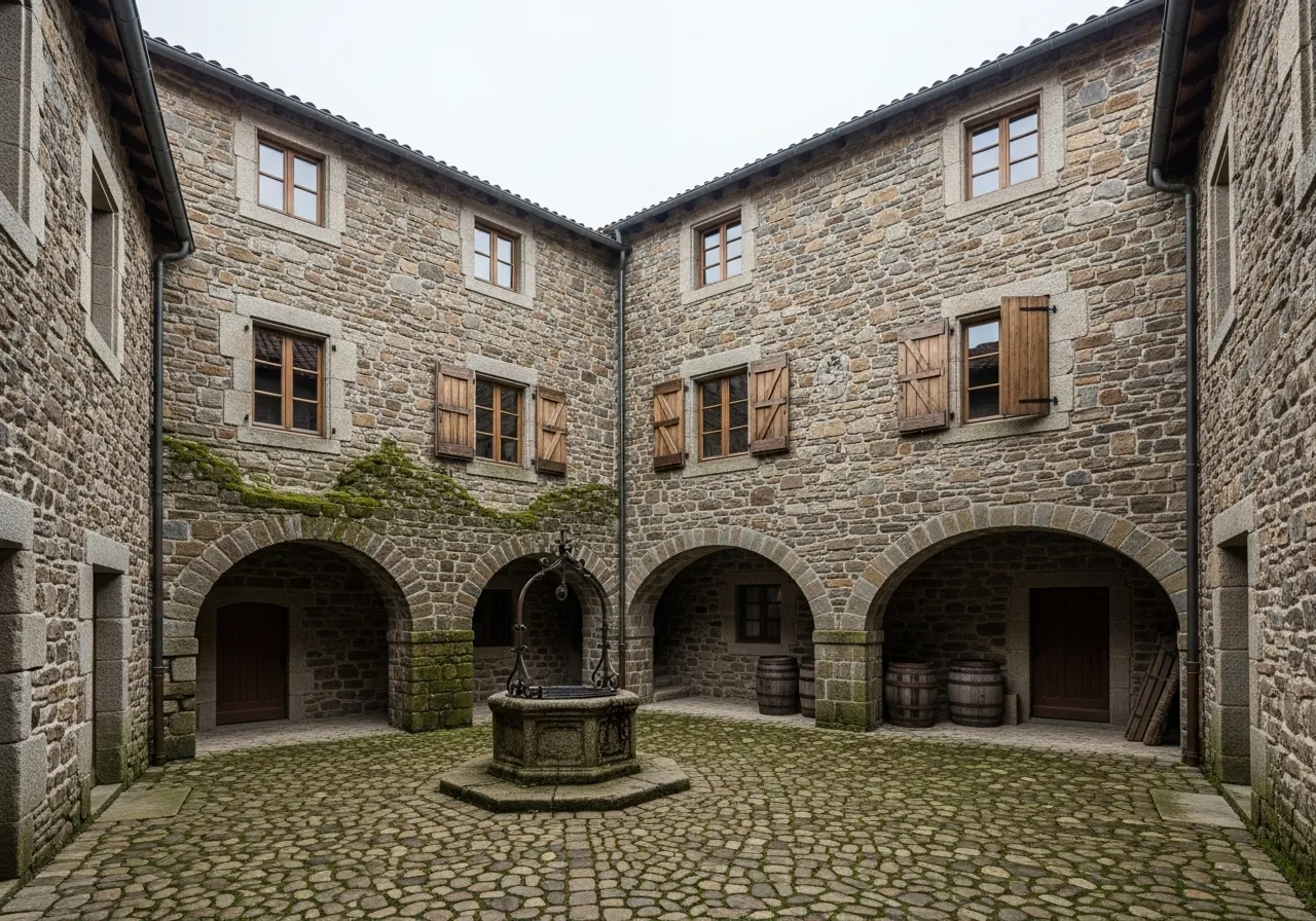 Medium view of an empty historical courtyard or small plaza appropriate to an unspecified era, with period-accurate architectural details and no moder
