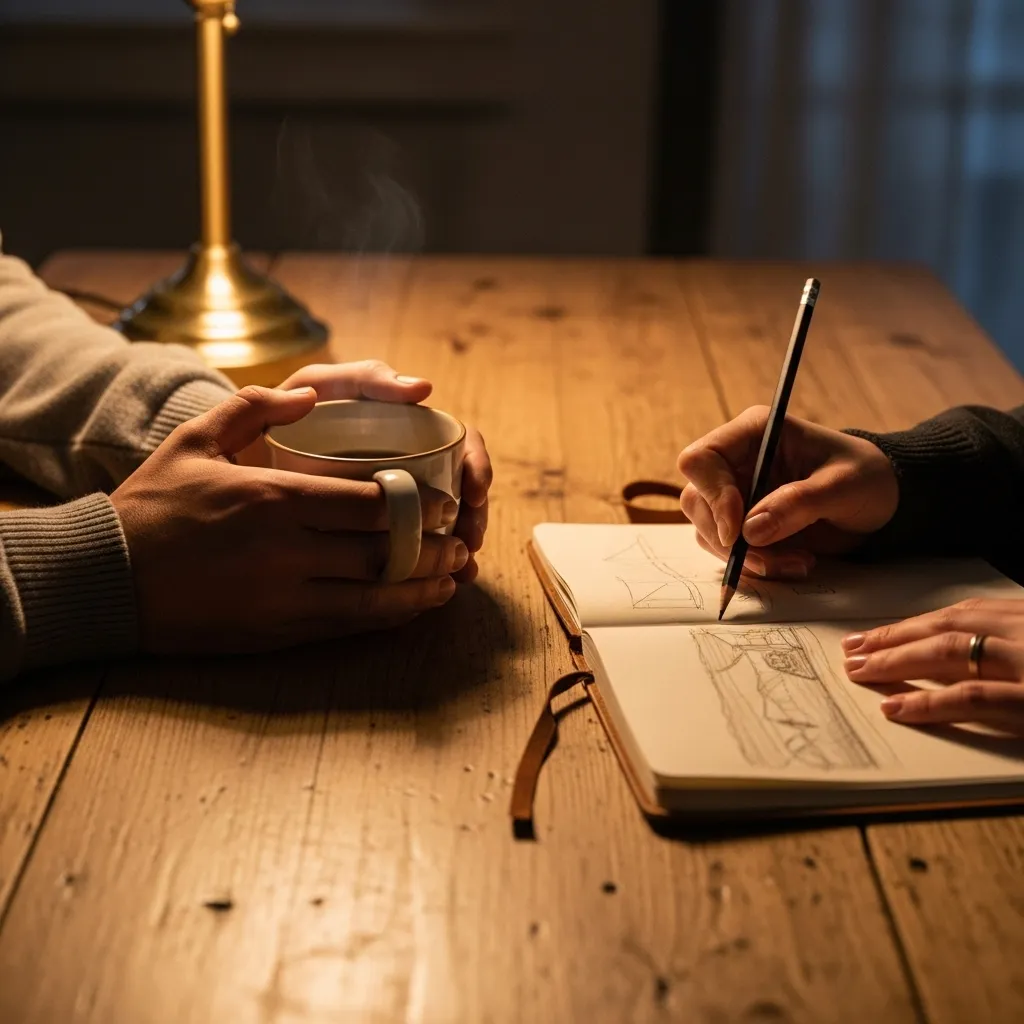 A square, close-up photo of a wooden table at night, lit by a warm lamp. Two pairs of hands are visible; one holds a mug, and the other is working on 